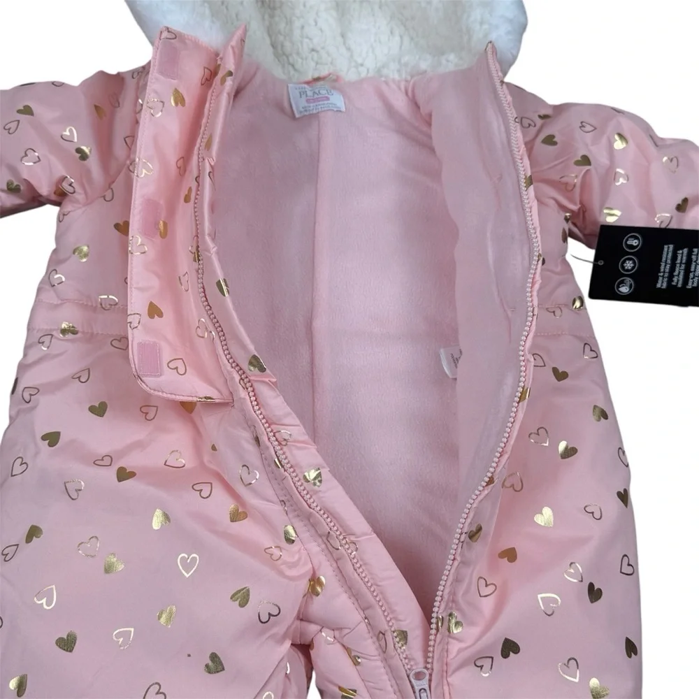 NWT The Children’s Place Pink Gold Metallic Hearts Bunting Snowsuit 0-3 Months